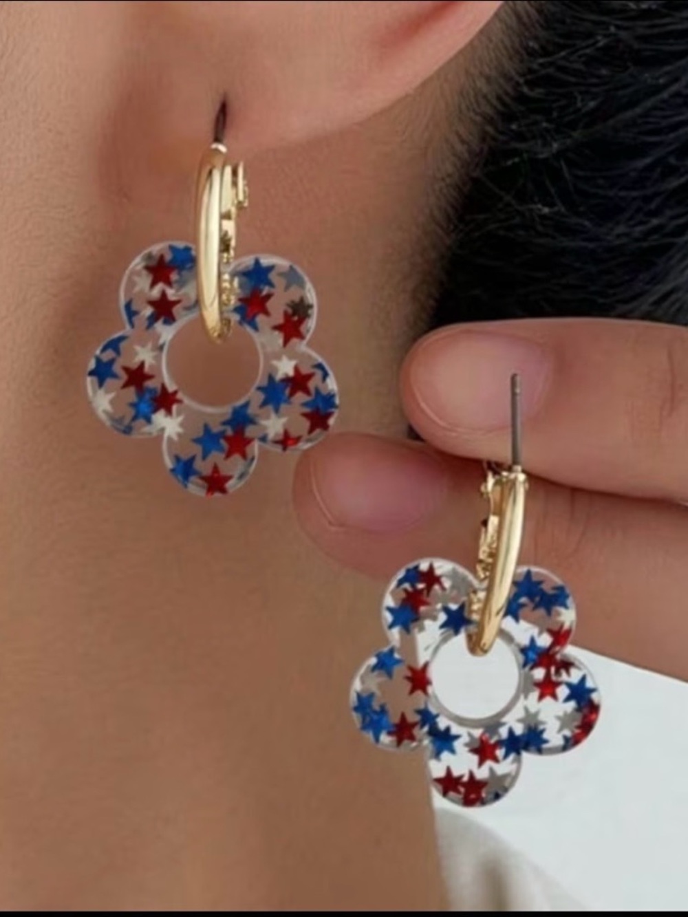 Gold Hoop Earrings with Red & Blue Star Flower Drops